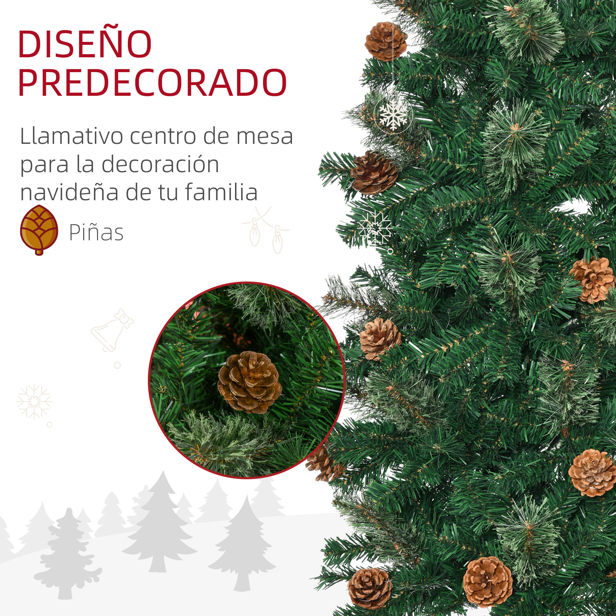 Árbol de Navidad Artificial 225 cm Árbol de Navideño de 706 Ramas Árbol de Navidad Estrecho Forma de Lápiz con 56 Piñas Base Plegable cm Verde
