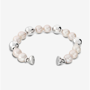 PERLAVIVA - Bracciale con Perle Ming d'Acqua Dolce Bianche Ø 10/11 mm in Argento 925 placcato Oro Bianco 18Kt