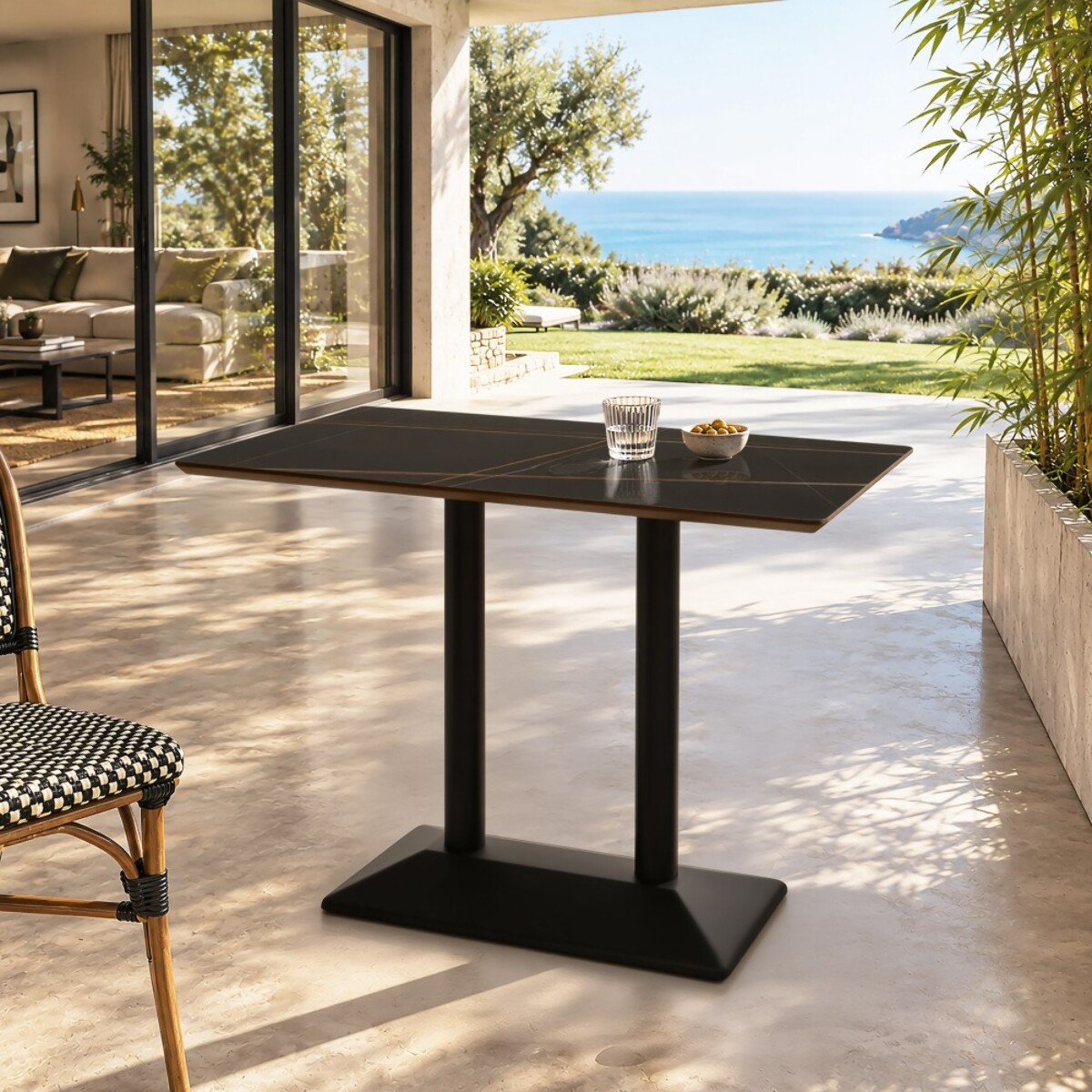 ICARE - Ensemble n°1: table bistrot rect. 120x70cm en céramique marbré noir