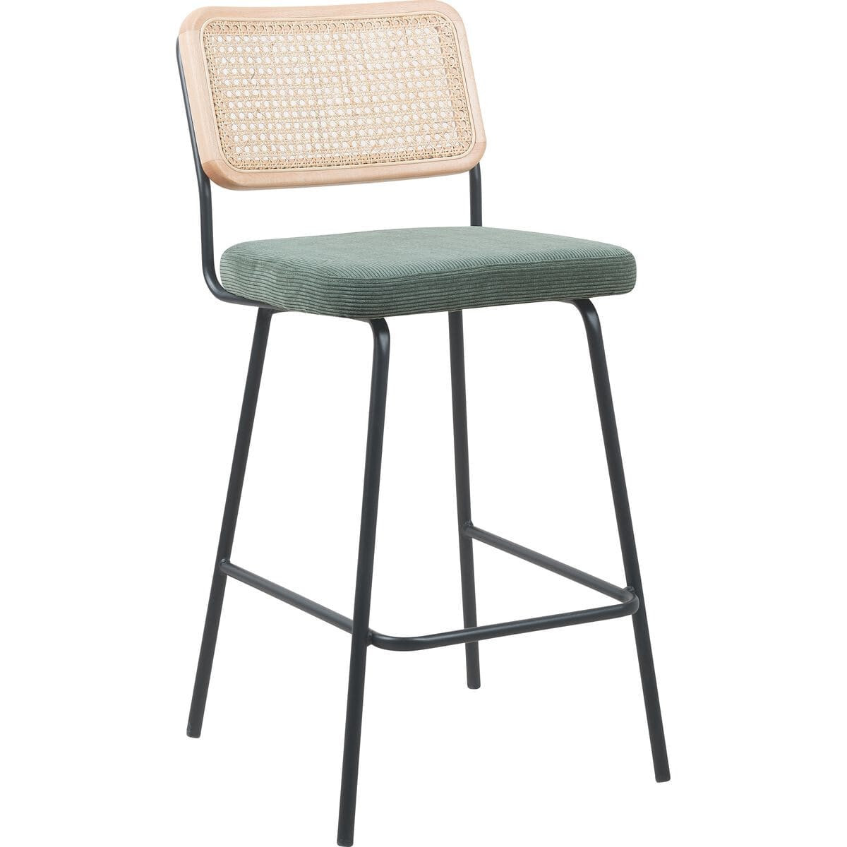 Lot de 2 chaises de bar en cannage et velours côtelé, piètement noir - MUSE