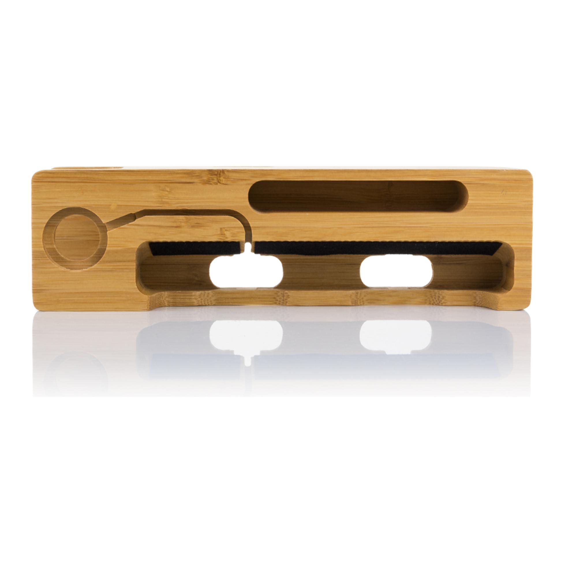 Soporte de madera para 2 smartphones, iWatch y stand multiusos.