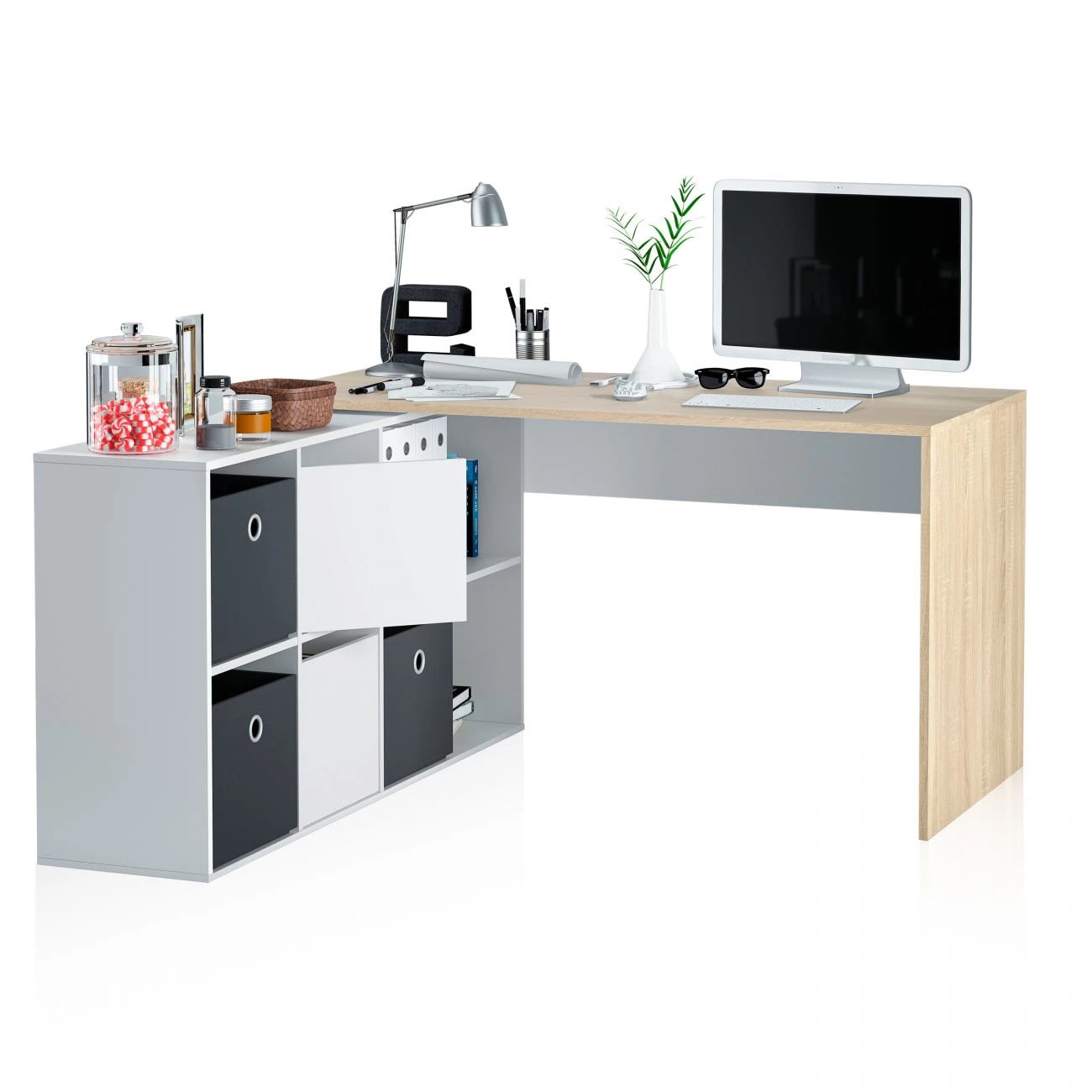 Mesa de escritorio Move Blanco Artik (Blanco Mate) - Roble Canadian