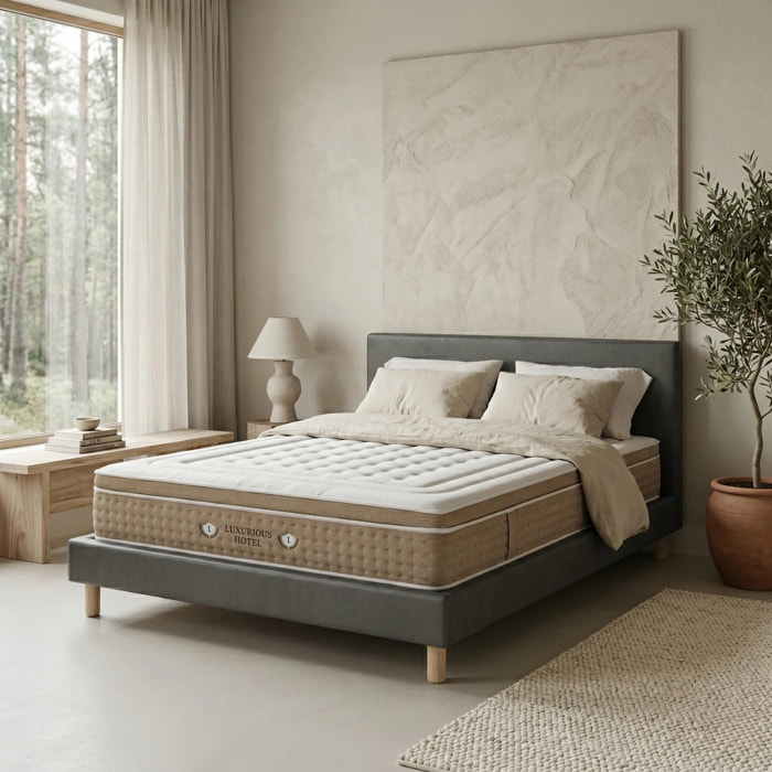 Ensemble matelas Bali & lit fixe Colisée | Mémoire de forme et ressorts ensachés | cadre à lattes | Simili cuir | Gris