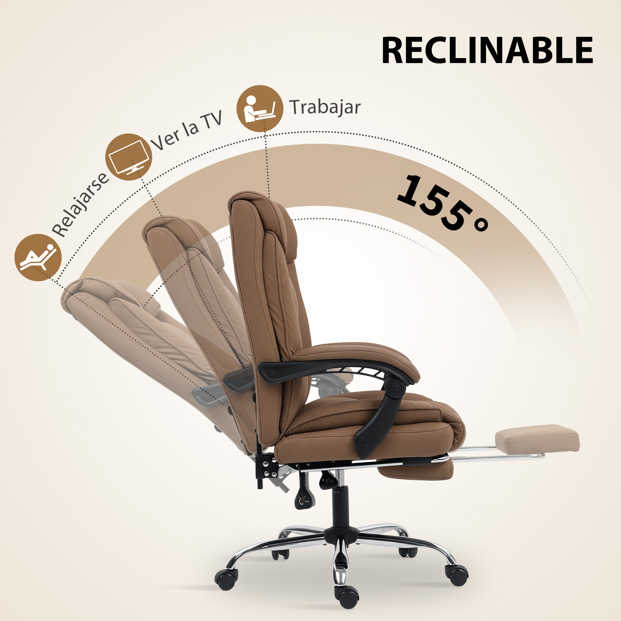 Silla de Escritorio con Reposapiés, Silla de Oficina Giratoria, con Respaldo Reclinable y Alto, Acolchado Grueso Doble, Tapizada en Cuero Sintético Resistente, Altura Ajustable, Marrón