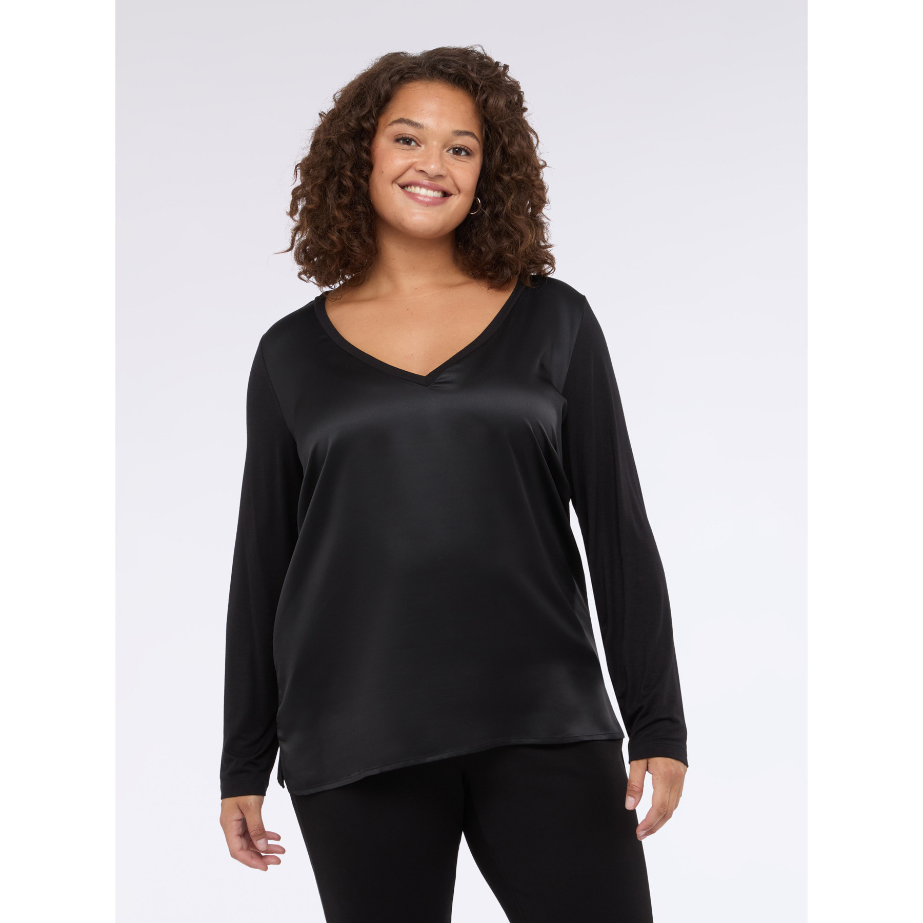 Fiorella Rubino - Camiseta bimatérica con escote en V y mangas largas - Negro