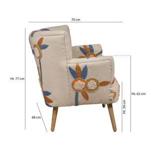 Fauteuil en coton écru brodé main et pieds en bois  MAYA