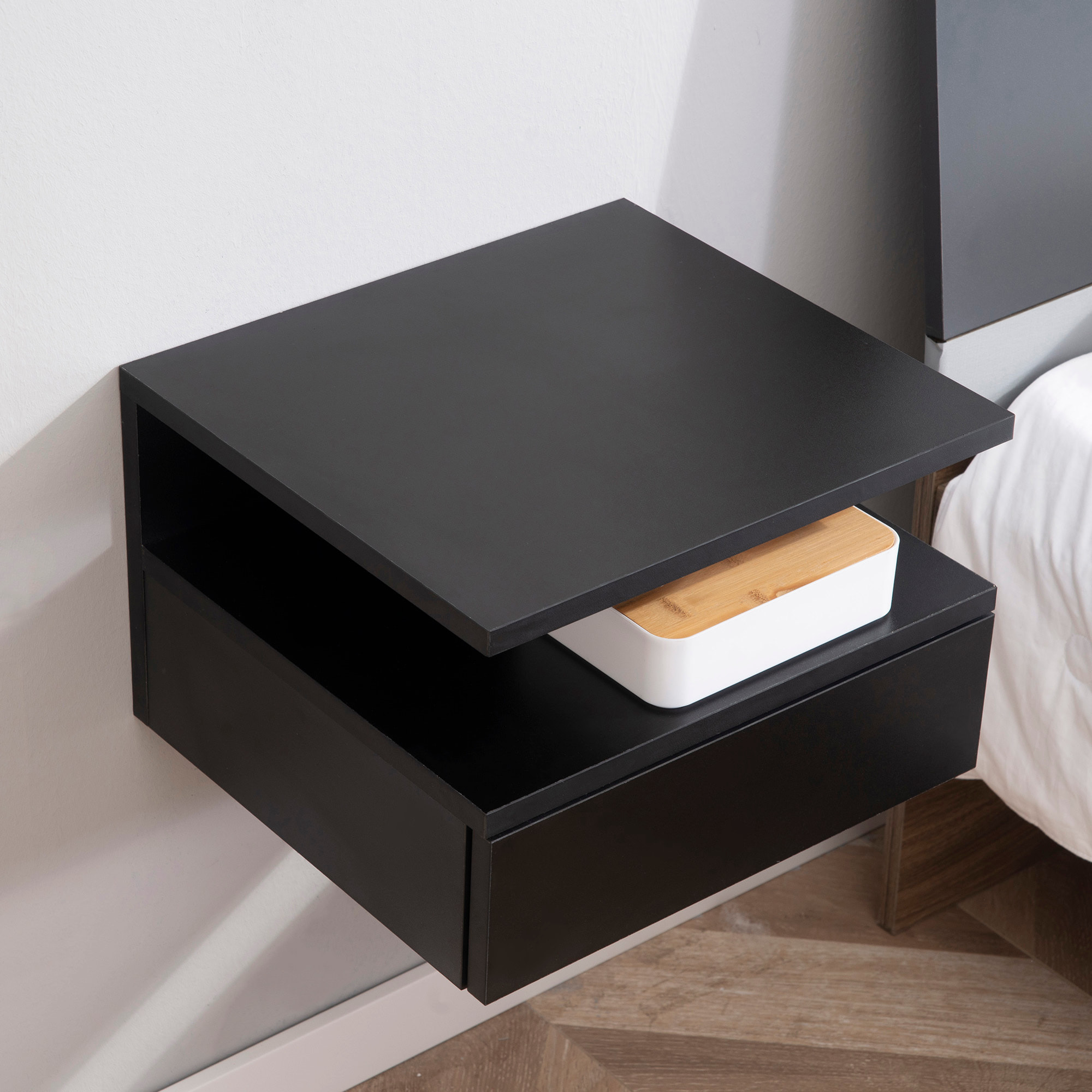 Lot de 2 tables de chevet murales - lot de 2 tables de nuit - tiroir coulissant, niche et plateau - panneau particules noir