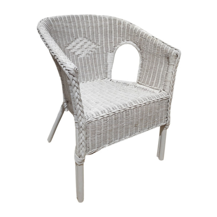 Fauteuil en rotin blanc tressé avec accoudoirs, pour jardin et intérieur - VIVIA