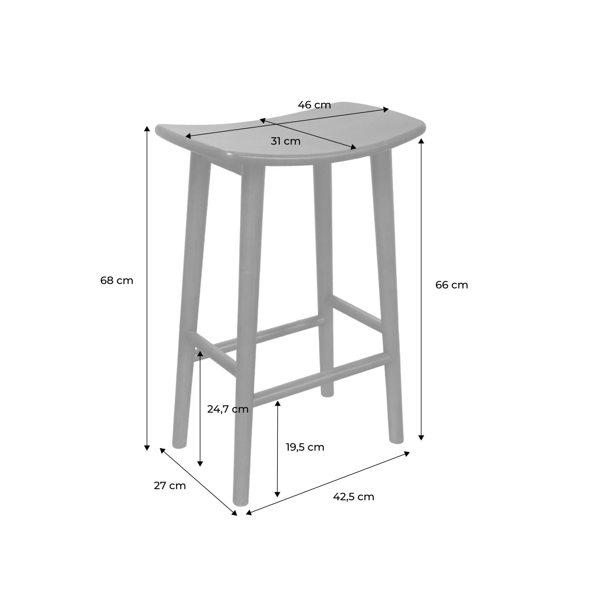 Lot de 2 tabourets de bar vintage bois d'hévéa teinte naturelle - 46 x 31 x 68 cm - Louna