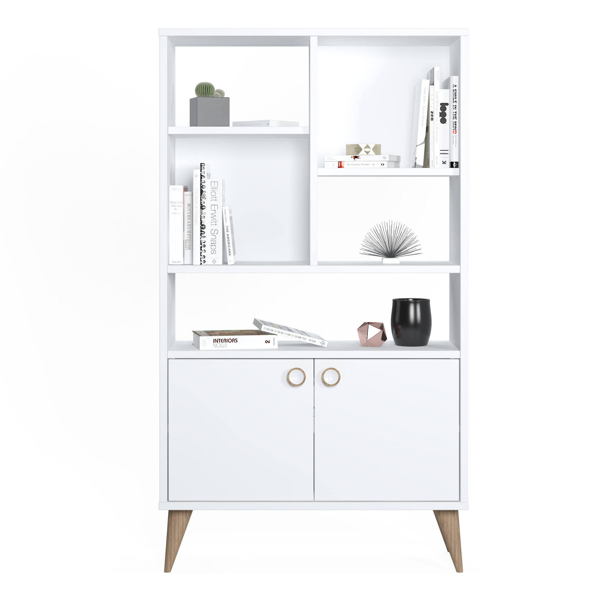 Libreria con due ante battenti e cinque scomparti aperti, cm 75 x 25 x 131, colore bianco