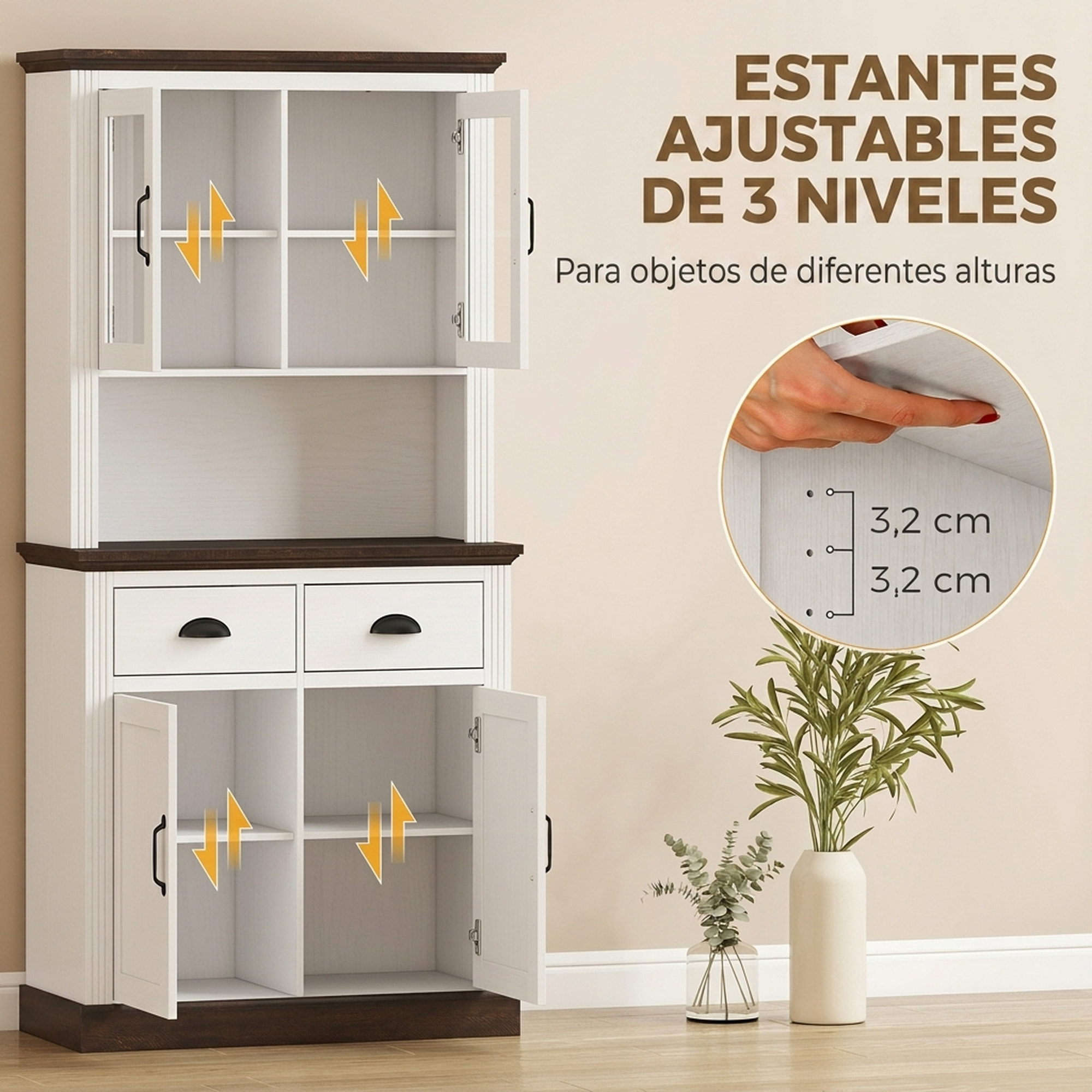 Alacena de Cocina Alta, Mueble Auxiliar de Cocina con Puertas de Cristal, 2 Cajones, Estantes Ajustables, Compartimento Abierto, para Comedor, Salón, 80x38x170 cm, Blanco y Marrón