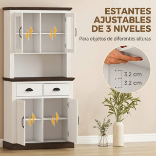 Alacena de Cocina Alta, Mueble Auxiliar de Cocina con Puertas de Cristal, 2 Cajones, Estantes Ajustables, Compartimento Abierto, para Comedor, Salón, 80x38x170 cm, Blanco y Marrón