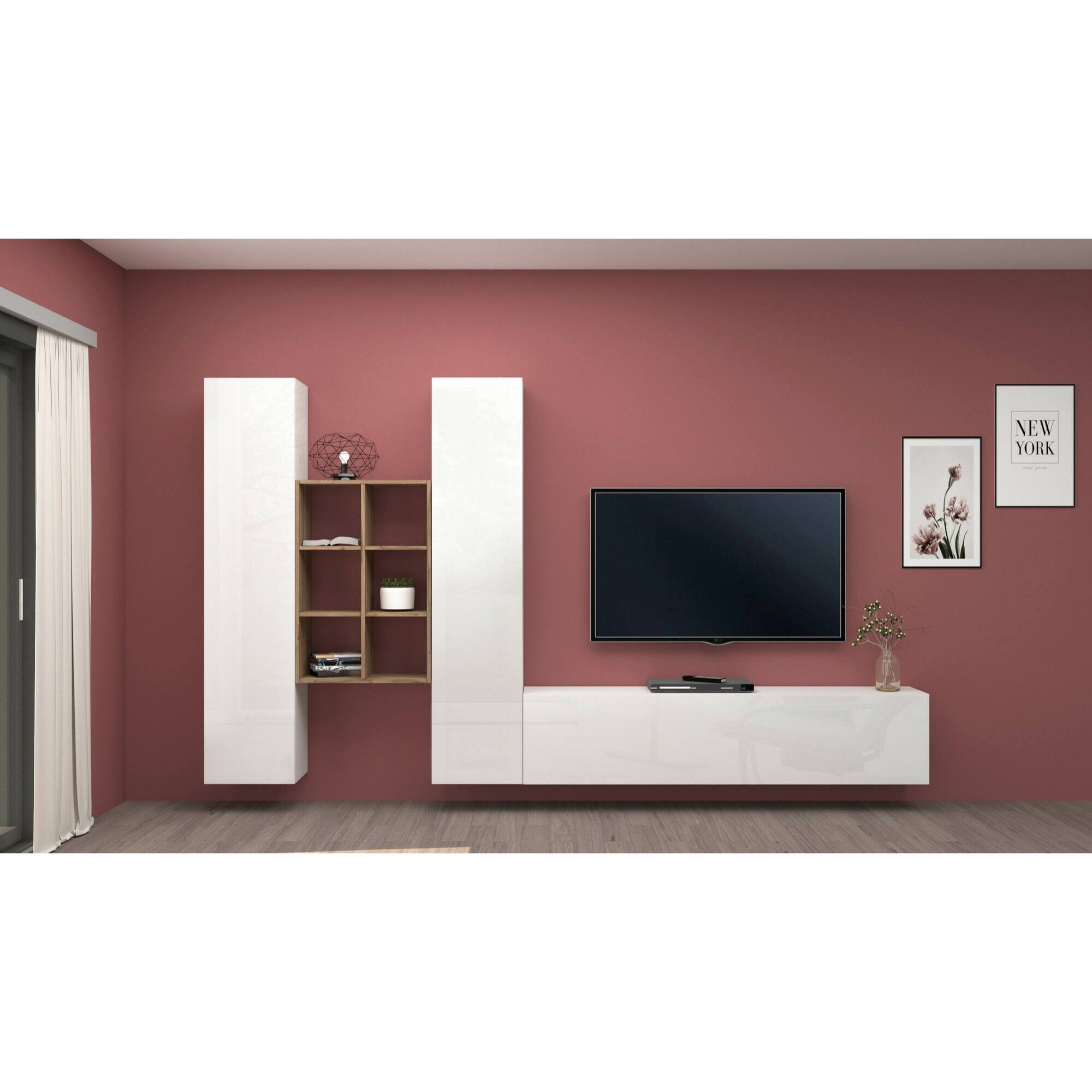 Parete attrezzata Emiliano, Set salotto porta TV a 3 ante, Mobile soggiorno multiuso, 100% Made in Italy, cm 320x30h180, Bianco lucido e Acero