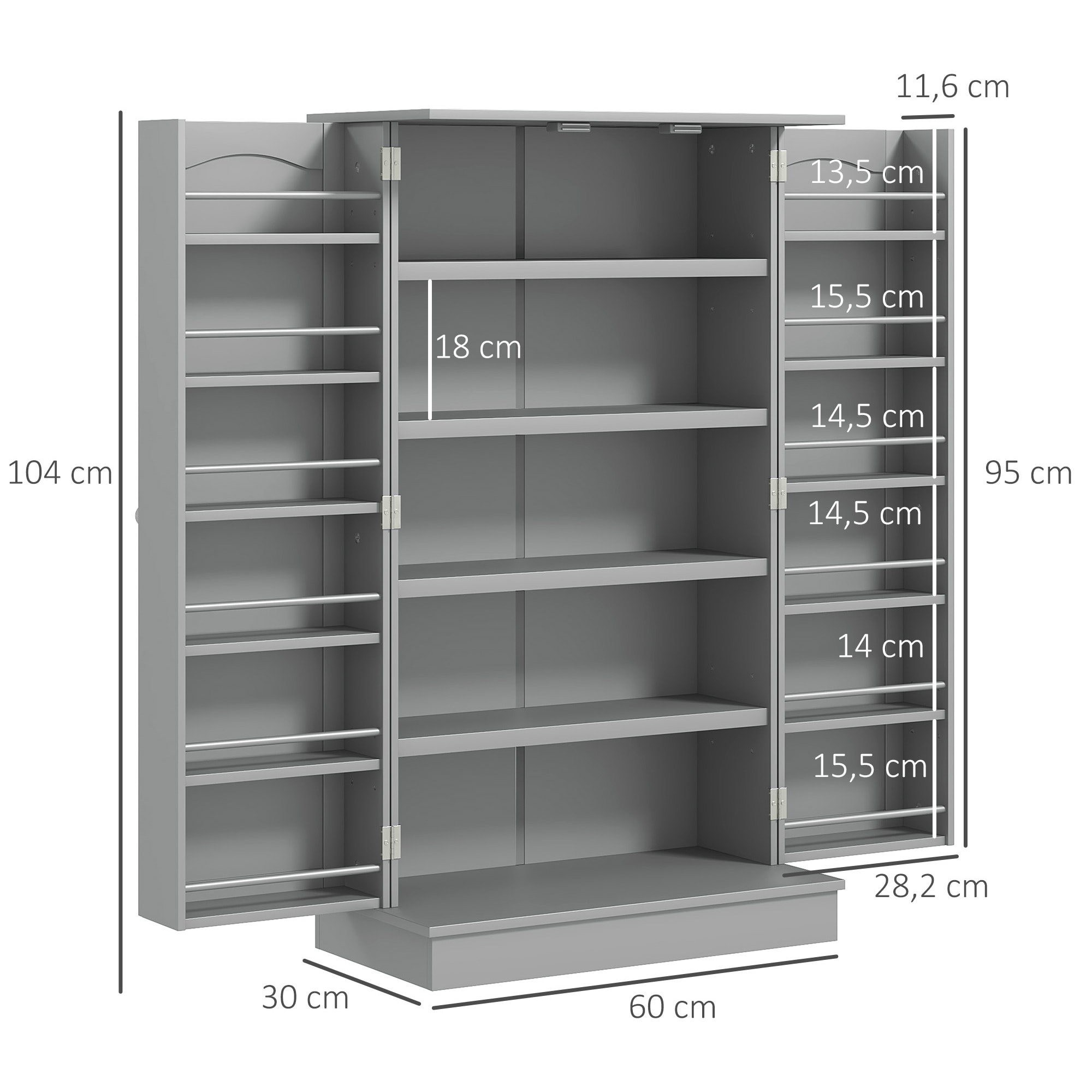 Armoire de cuisine rangement épices 2 portes 4 étagères 12 porte-épices dim. 60 x 30 x 104 cm gris
