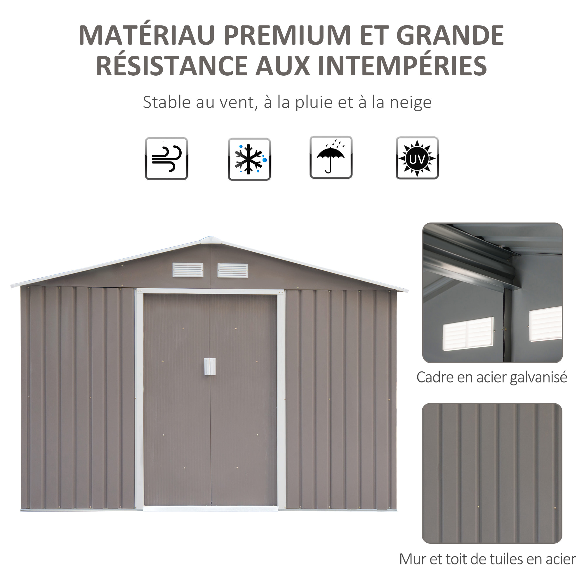 Abri de jardin - remise pour outils - cabanon double porte coulissante - fondation incluse - dim. 277L x 191l x 192H cm - tôle d'acier ondulée grise