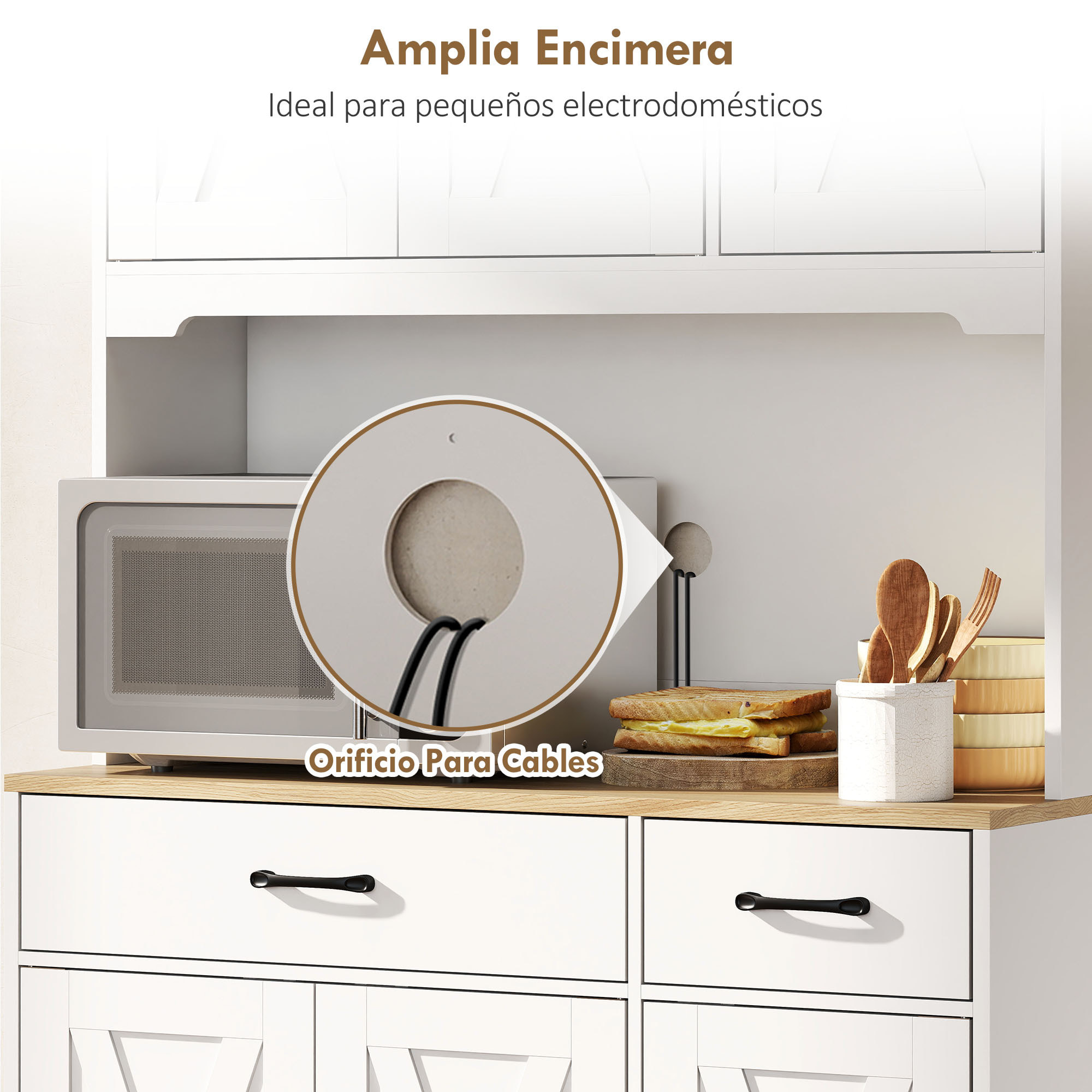 Alacena de Cocina Alta, Mueble Auxiliar de Cocina, con 6 Puertas, Encimera Abierta para Microondas, 2 Cajones, Estantes Ajustables, Orificio para Cable, 94x39,5x175,2 cm, Blanco