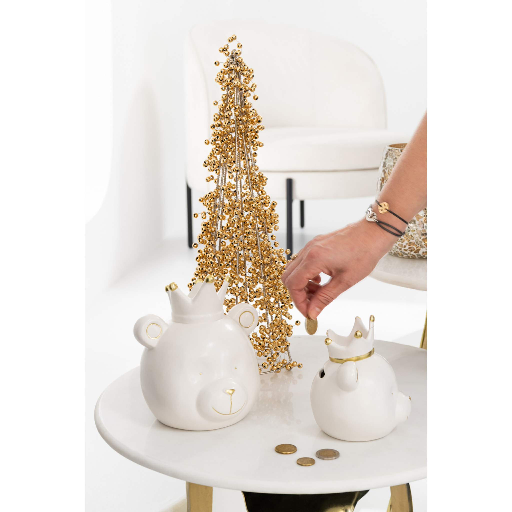 J-Line tirelire Ours - porcelaine - ecru/or - large - 2 pcs