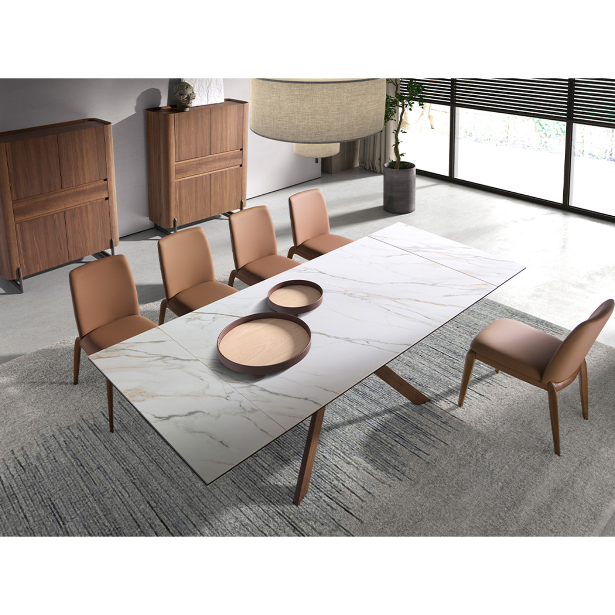 Mesa comedor extensible rectangular con tapa de mármol porcelánico blanco con vetas en tonos grises y marrones en mate 180x90x76cm