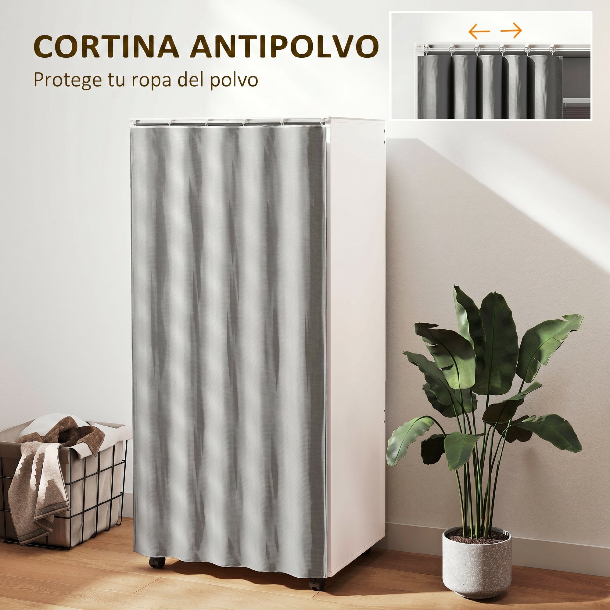 HOMCOM Armario Ropero con Ruedas, Armario para Ropa con Cortina, Barra para Colgar, 2 Compartimentos, Organizador de Ropa para Dormitorio, 60x40x128 cm, Blanco