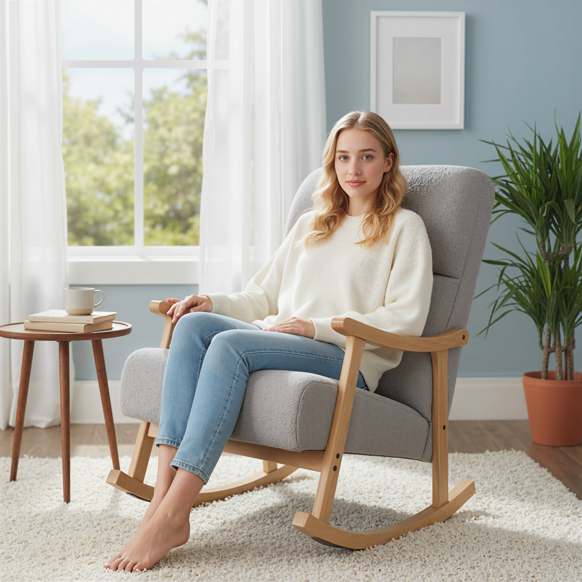 Silla Mecedora de Borreguito Moderna, Mecedora con Patas y Reposabrazos de Madera de Caucho, Respaldo Alto, Sillón de Lactancia Carga 120 kg, para Dormitorio, Salón