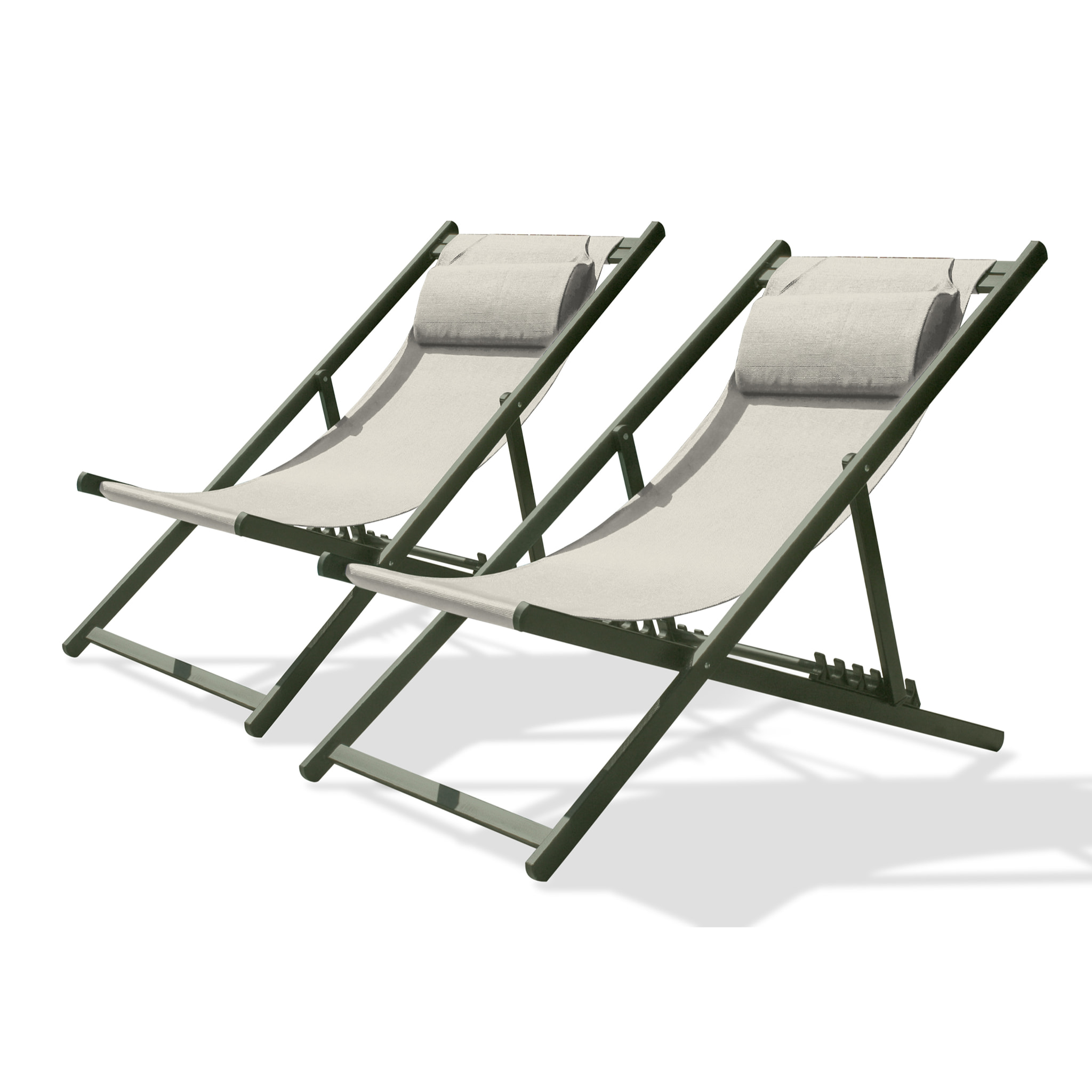 JULIA - Lot de 2 chiliennes de jardin en toile plastifiée et aluminium kaki