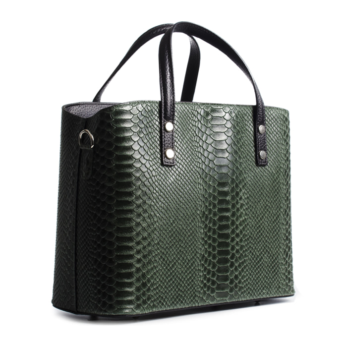 FIRENZE ARTEGIANI Borsa Tote Vittoria da Donna. Vera Pelle Scamosciata Incisione Serpente Made in Italy 32x14x25 Cm. Colore: verde scuro