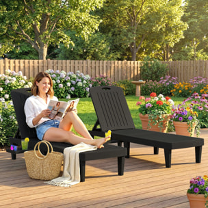 Pack de 2 Tumbonas de Jardín Exterior, Tumbonas Reclinables de Plástico PP con Bandeja Lateral, Respaldo Ajustable de 5 Niveles, Resistentes a la Intemperie, para Playa, Piscina, Negro