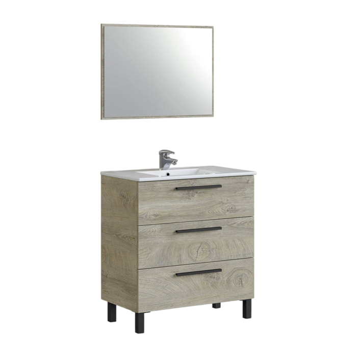 Mobile sottolavabo Palmdale, Mobiletto per bagno, Armadio a 3 cassetti e specchio, lavabo non incluso, cm 80x45h86, Quercia