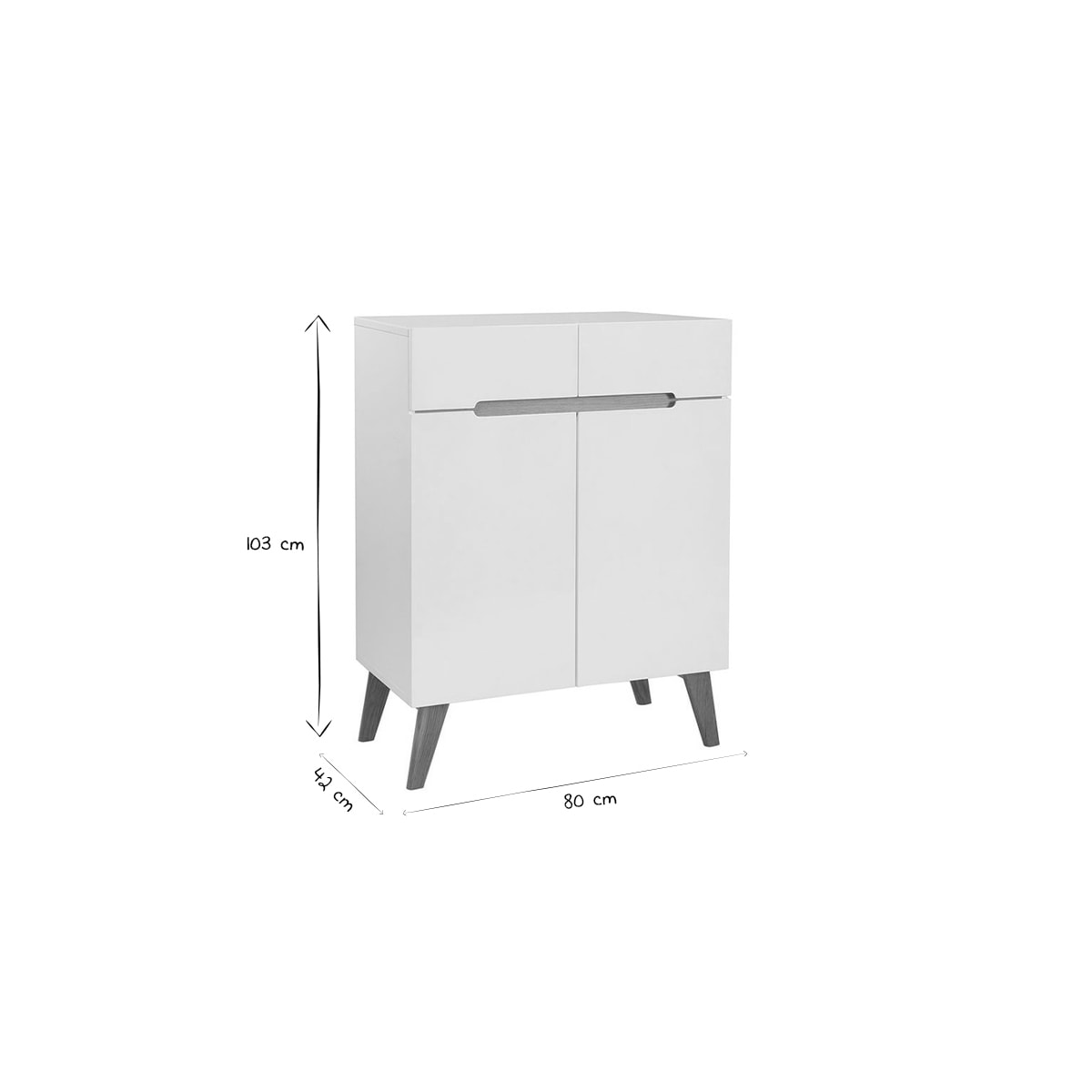 Buffet scandinave blanc brillant et finition bois clair 2 portes 2 tiroirs L80cm MELKA