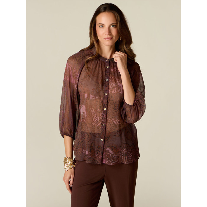 Oltre - Camicia in georgette fantasia - Marrone