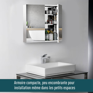 Armoire miroir rangement toilette salle de bain meuble mural dim. 60L x 12l x 55H cm acier inox.