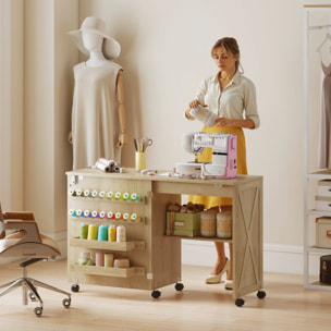 Table de couture pliable mobile 2 bacs 18 porte-bobines étagère naturel