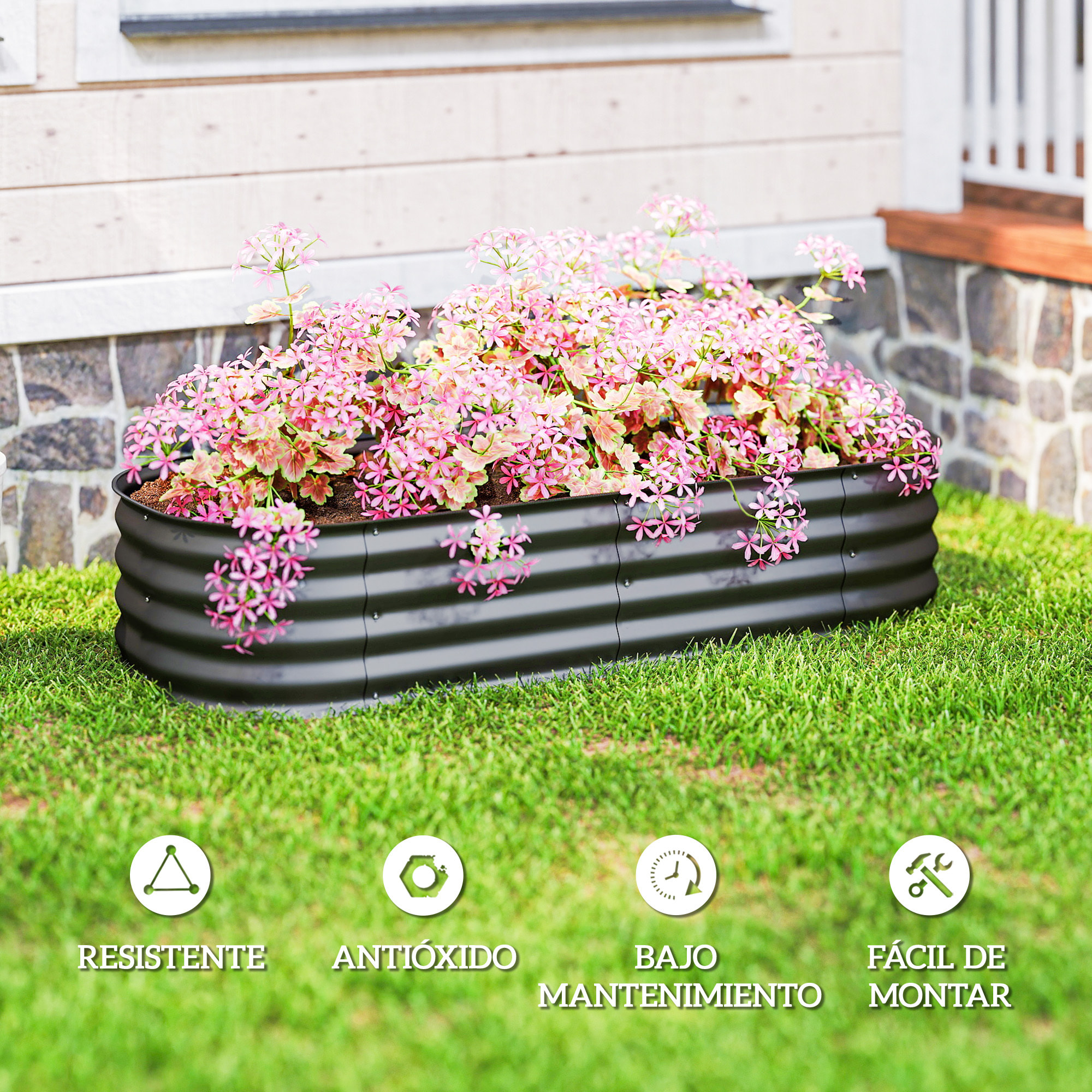 Jardinera Exterior Grande de Acero Galvanizado, Huerto Urbano para Cultivar Plantas, Macetero Exterior con Bordes de Seguridad, Fácil Montaje, Resistente a la Intemperie, 150x62x30 cm, Gris