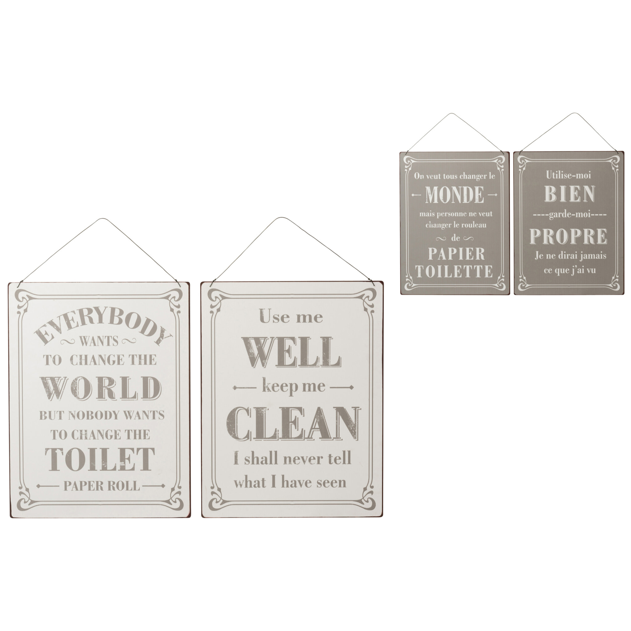 J-Line Pancarte Toilet Anglais/Francais Metal Blanc/Noir Assortiment De 2