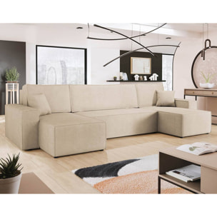 Cezanne - Canapé panoramique en U 7 places convertible avec coffre en tissu texturé - Beige