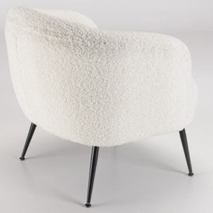 ALBANE - Fauteuil cosy tissu bouclette blanc pieds métal noir