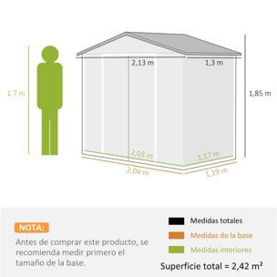 Cobertizo de Jardín 2,5m² con Base de Refuerzo Sin Suelo 213x130x185 cm Caseta de Jardín Exterior con 2 Puertas Correderas y 4 Ventanas para Almacenamiento de Herramientas Efecto Madera