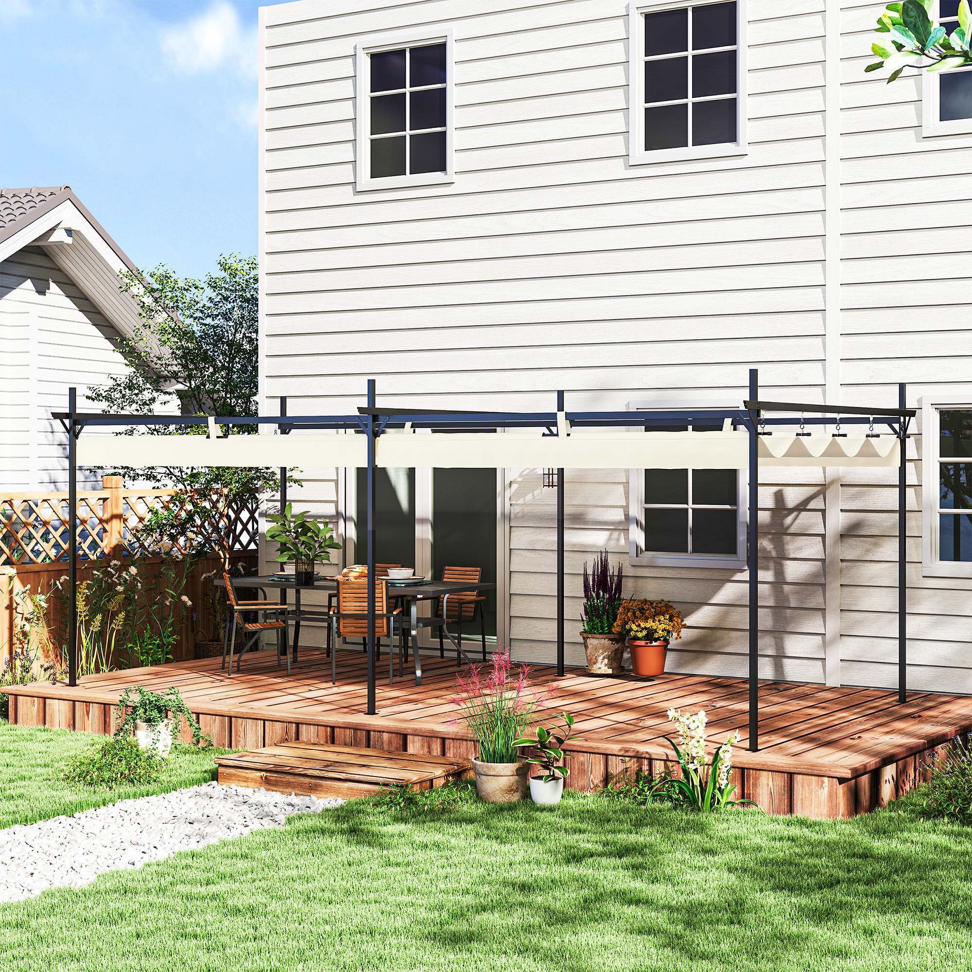 Pérgola con Techo Retráctil Pérgola de Aluminio 6x3 m Cenador con Tela de Poliéster Anti-UV Resistente al Agua Pabellón para Jardín Patio Terraza Exterior Crema