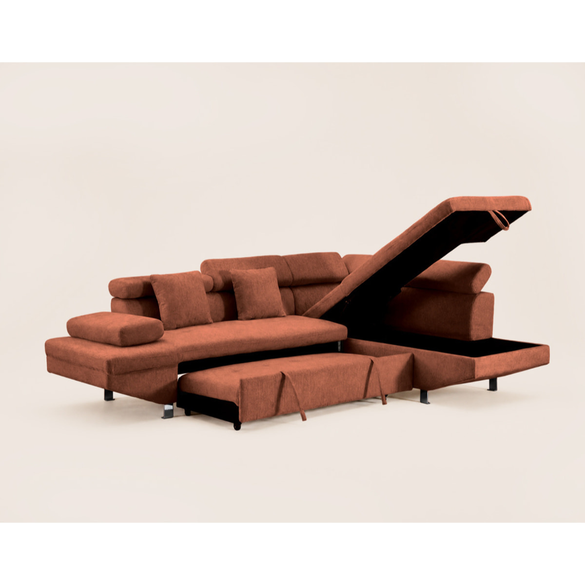Margaux - Canapé d'angle droit 5 places convertible avec coffre et têtières réglables en velours texturé - Terracotta