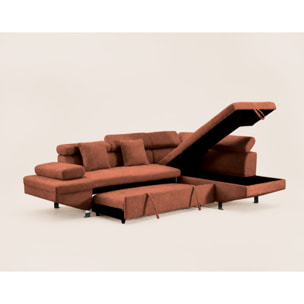 Margaux - Canapé d'angle droit 5 places convertible avec coffre et têtières réglables en velours texturé - Terracotta