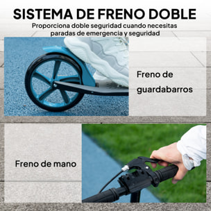 Patinete Plegable para Adultos y Niños de +14 Años Scooter Ligero con Manillar Ajustable Grandes Ruedas Ø200 mm Amortiguador y Freno Aluminio Carga 100 kg 91,5x36,5x91-104 cm Azul