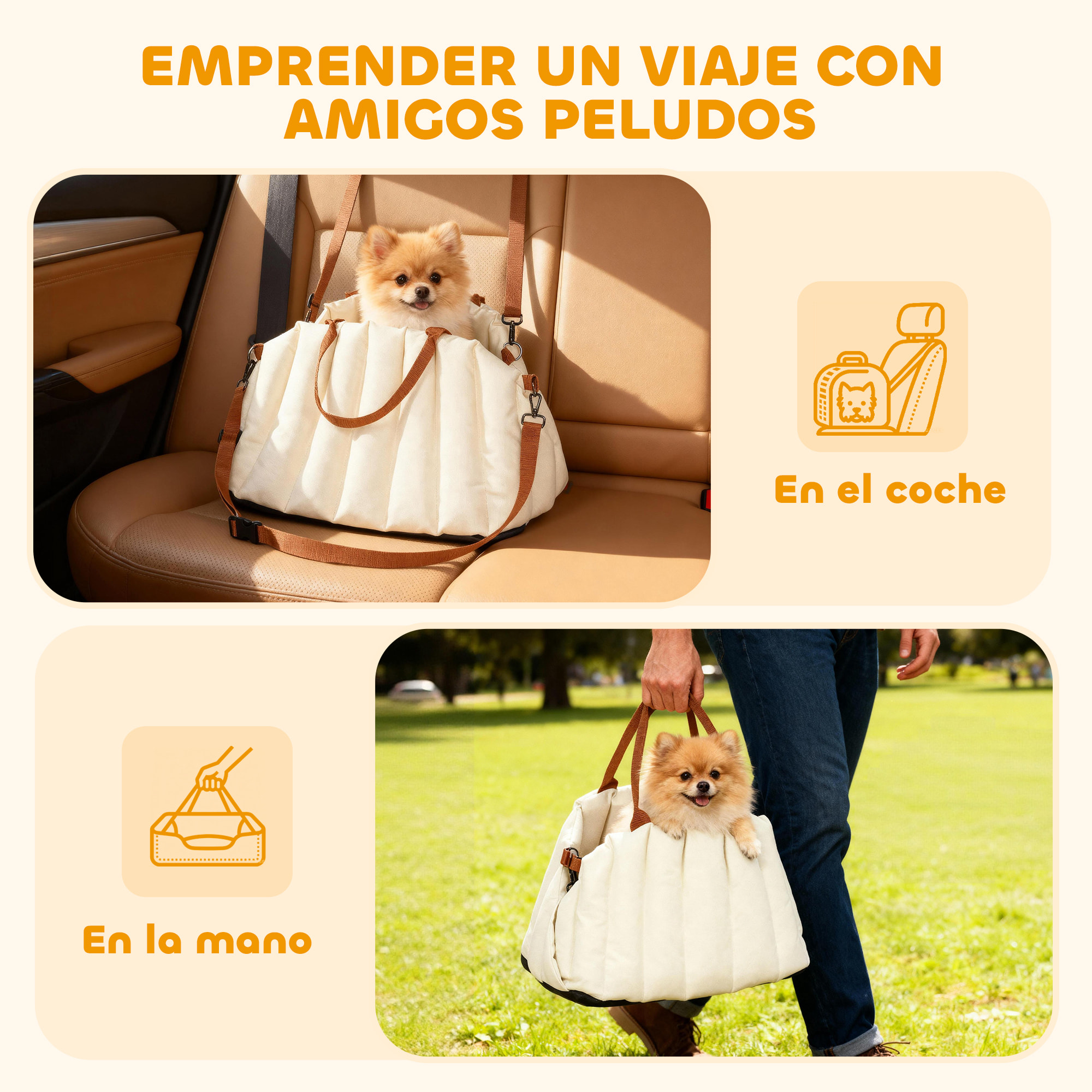 Asiento de Coche para Perros Pequeños, Asiento de Coche para Mascotas de hasta 5 kg con Cinturón de Seguridad y Base Antideslizante, Cama de Viaje Portátil con Funda Extraíble y Lavable, Crema