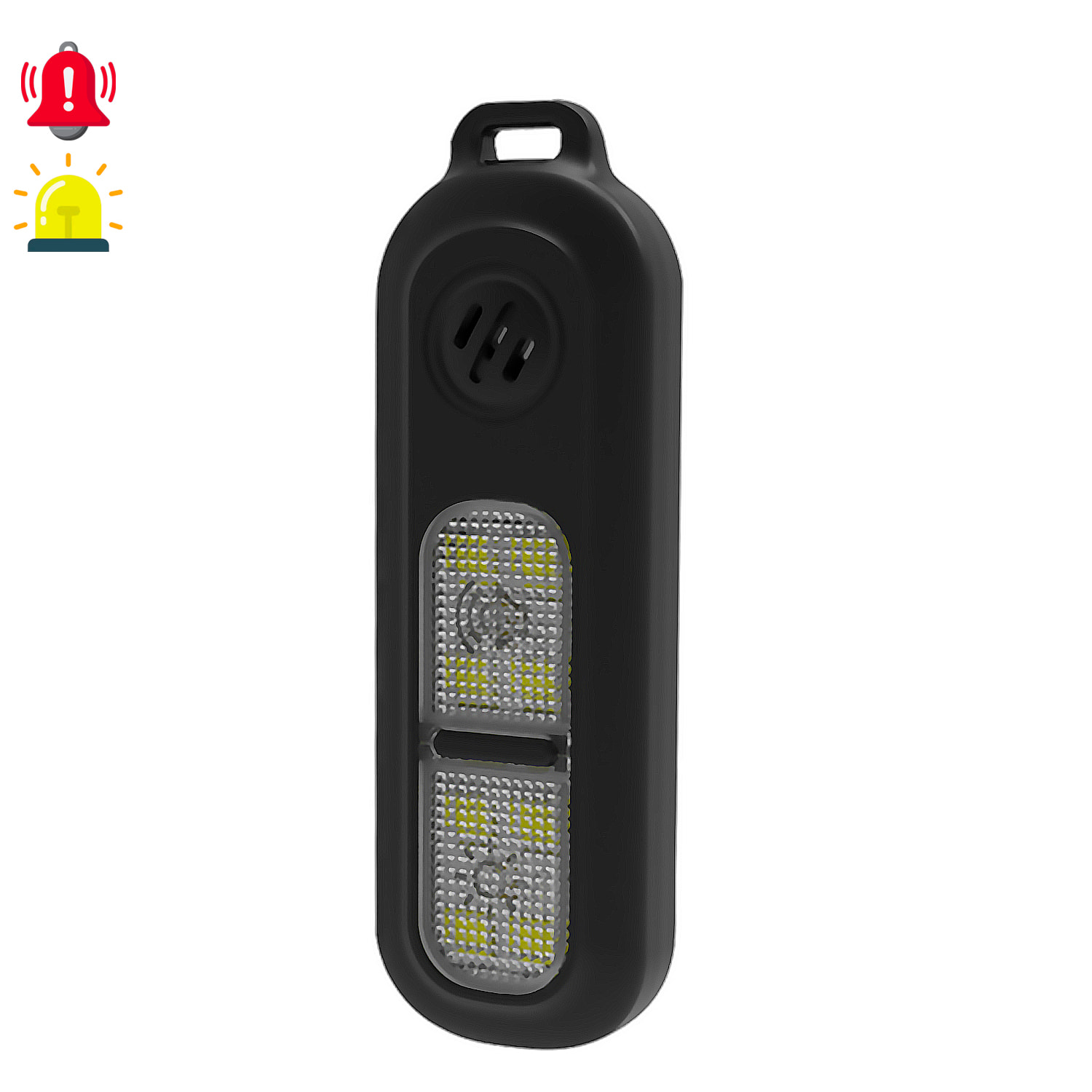 Allarme SOS personale con luce LED brillante bianca, rossa e blu, suono di 130 dB. Batteria ricaricabile e attivazione rapida mediante pressione.