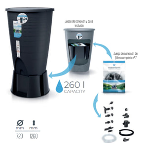 Depósito para agua de lluvia, incluye base y set de conexión peruno set 260l., dimensiones (mm) 720x720x1260