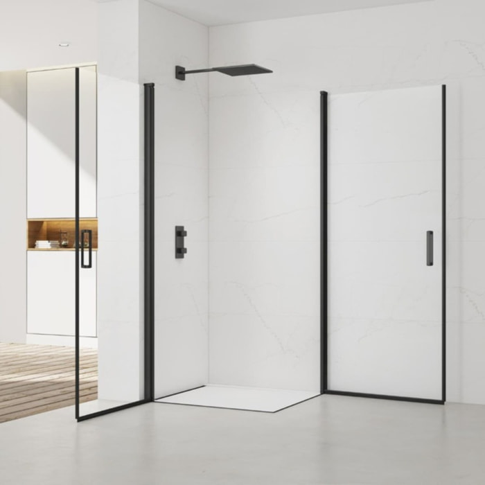 Fusion Portes de douche acces en angle pivotantes 90x80cm anticalcaire avec profilés noir mat (SATFUD9080C-SET)