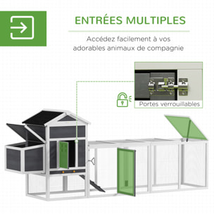 Poulailler surélevé avec enclos et pondoir - nombreux équipements - bois pin blanc gris