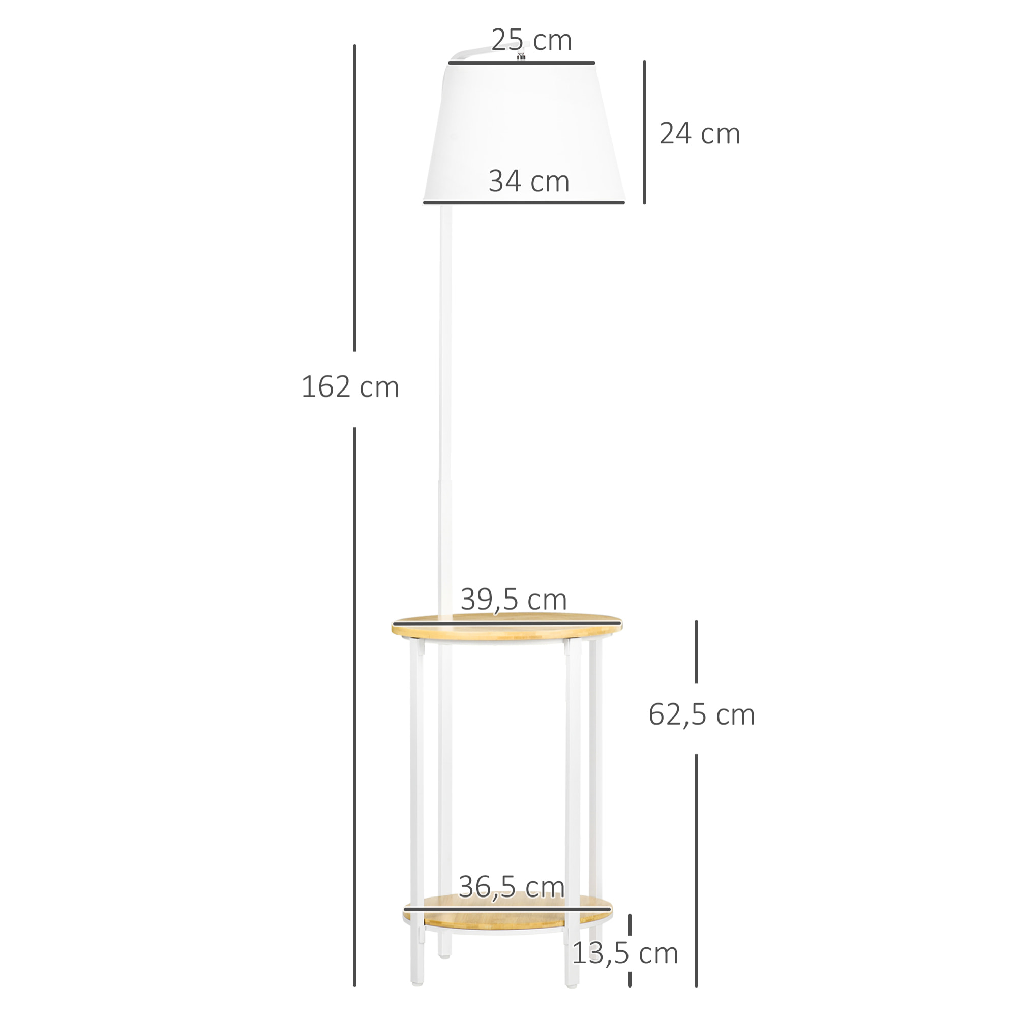 Lampadaire étagères design dim. Ø 37 x 162H cm 40 W max. bois bambou verni métal abat-jour tissu blanc