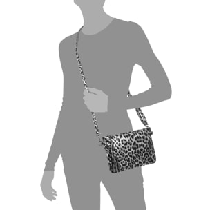 Oleggio bolso bandolera mujer. Piel auténtica Gamuza con estampado de animal print leopardo y lacada brillante.