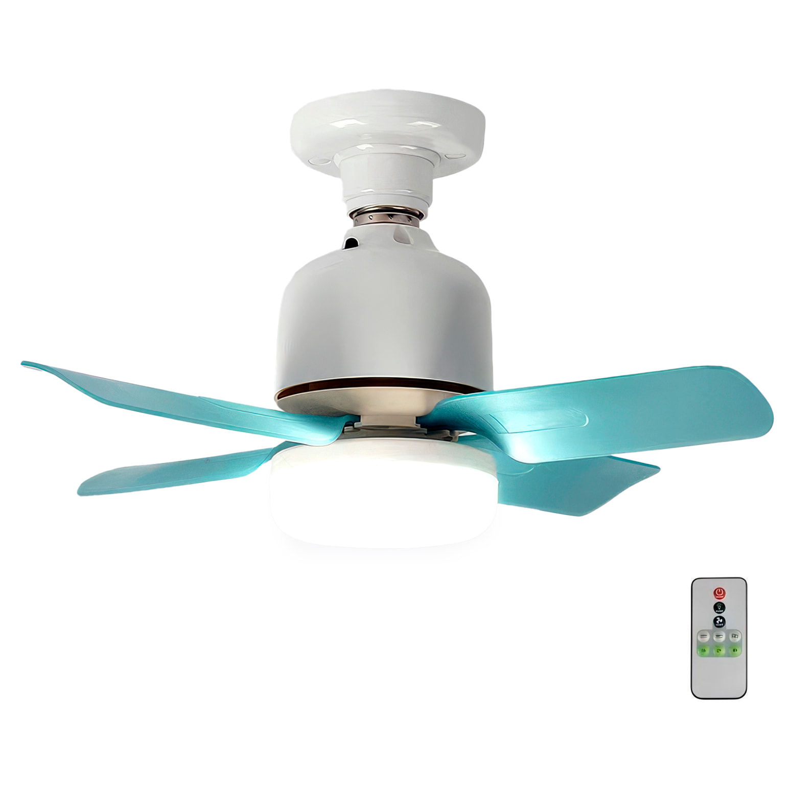 Ventilador de techo FS-4Y-R330 de 33 cm. Para casquillo E27, 3 velocidades y luz LED de 7W. Incluye mando a distancia.