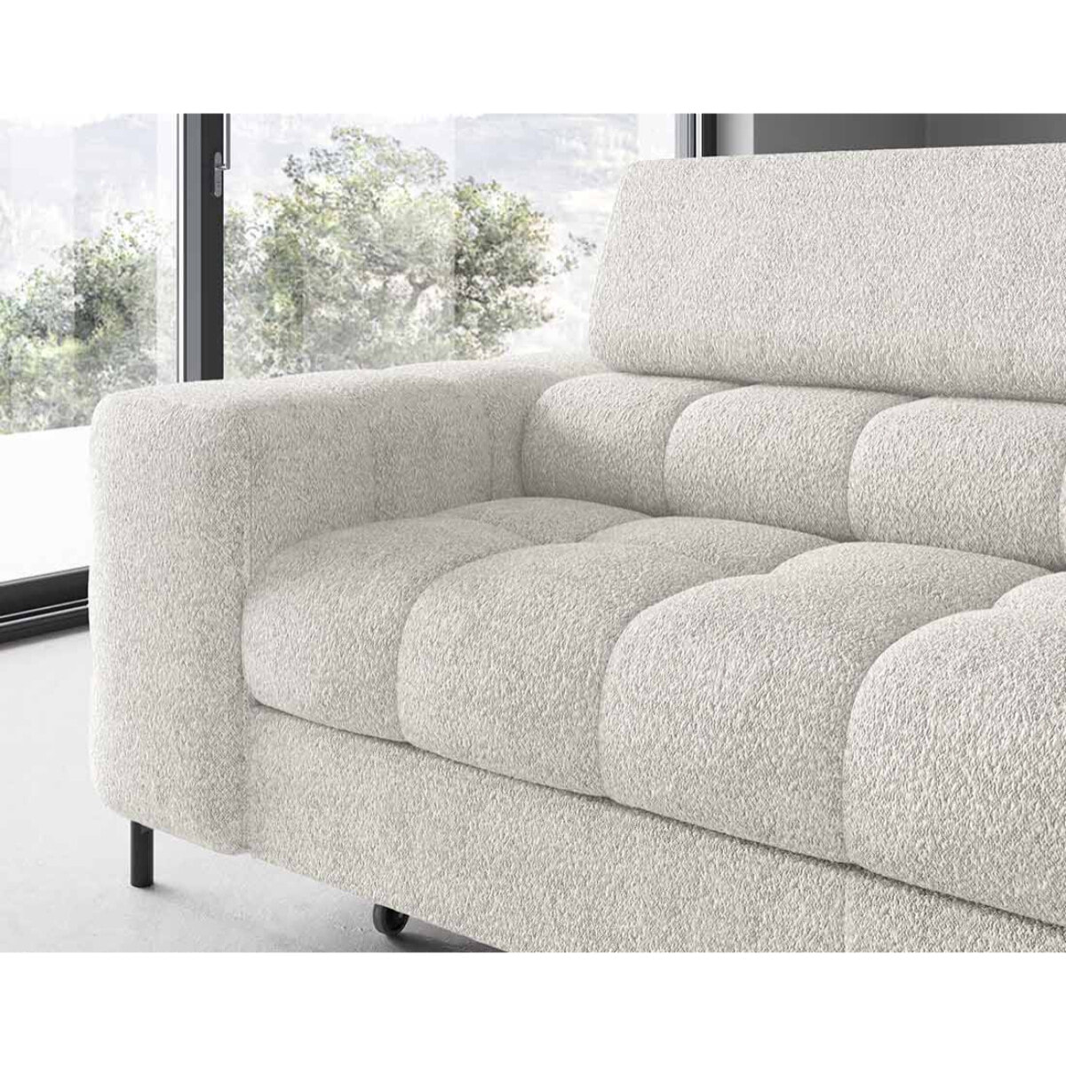 Elisa - canapé d'angle droit 5 places convertible avec coffre et têtières réglables en tissu bouclette - Blanc